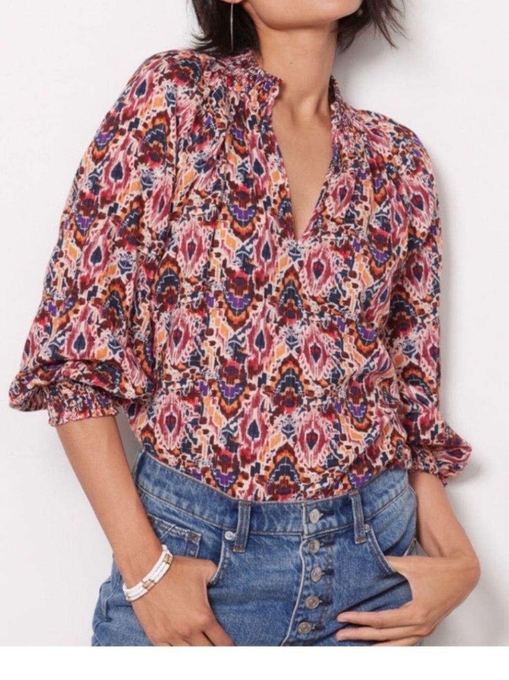 Evereve Sonja IKAT Smocked Top Womens Small Multicolor Split Neck Aztec Blouse